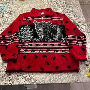 Vintage 1990s Art Unlimited Bear Fleece Pullover Red Black Large Quarter Zip